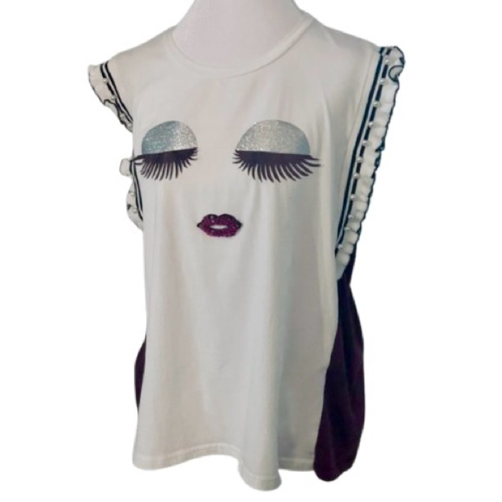 Beaded Face Large Tee Top Shirt in2you White and Brown Boho Lips Eyes T-Shirt